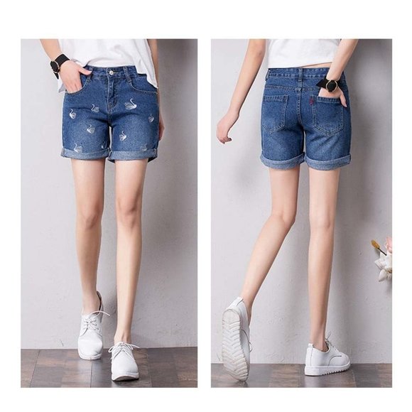 High-quality Jeans Shorts Exquisite Embroidery High Waist Shorts, D - Picture 2 of 2